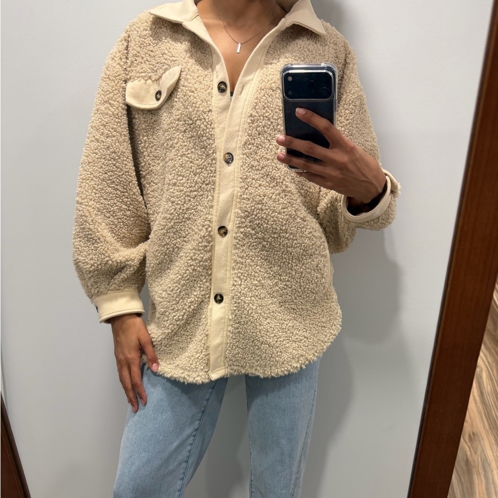 BiBi Tan Teddy Jacket with Button Detail